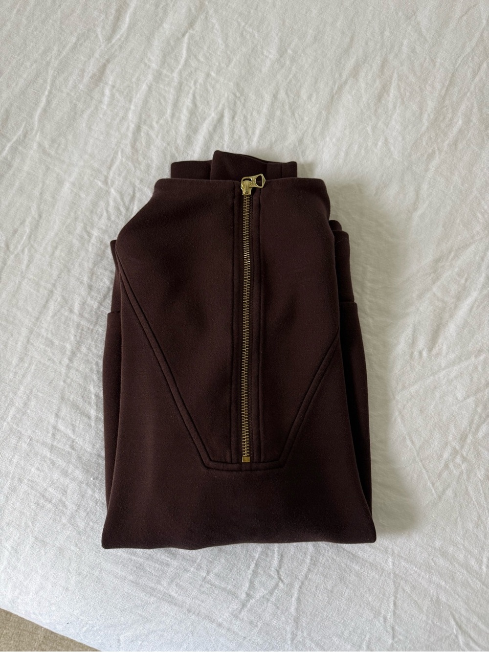 Varley Quarter-Zip Pullover in Dark Brown with Gold Zipper